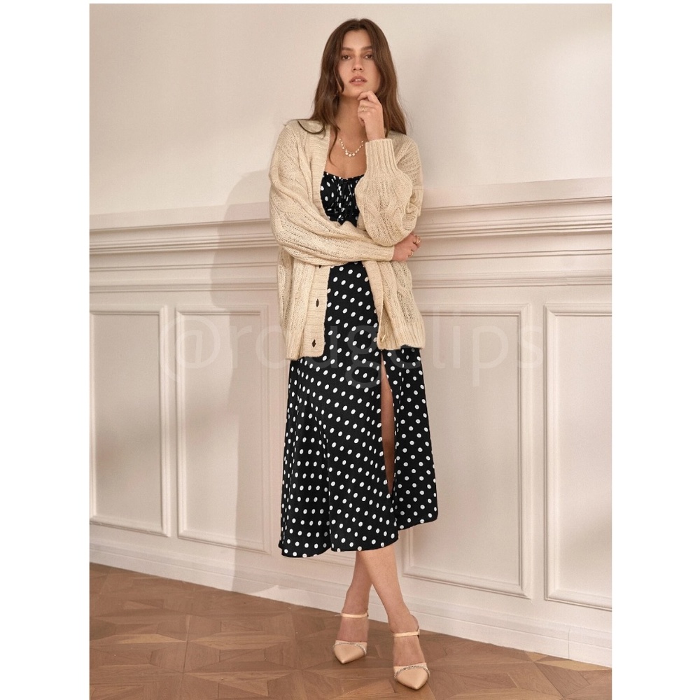French Style Polka Dot Black Midi Dress Leg Slit - Picture 10 of 16